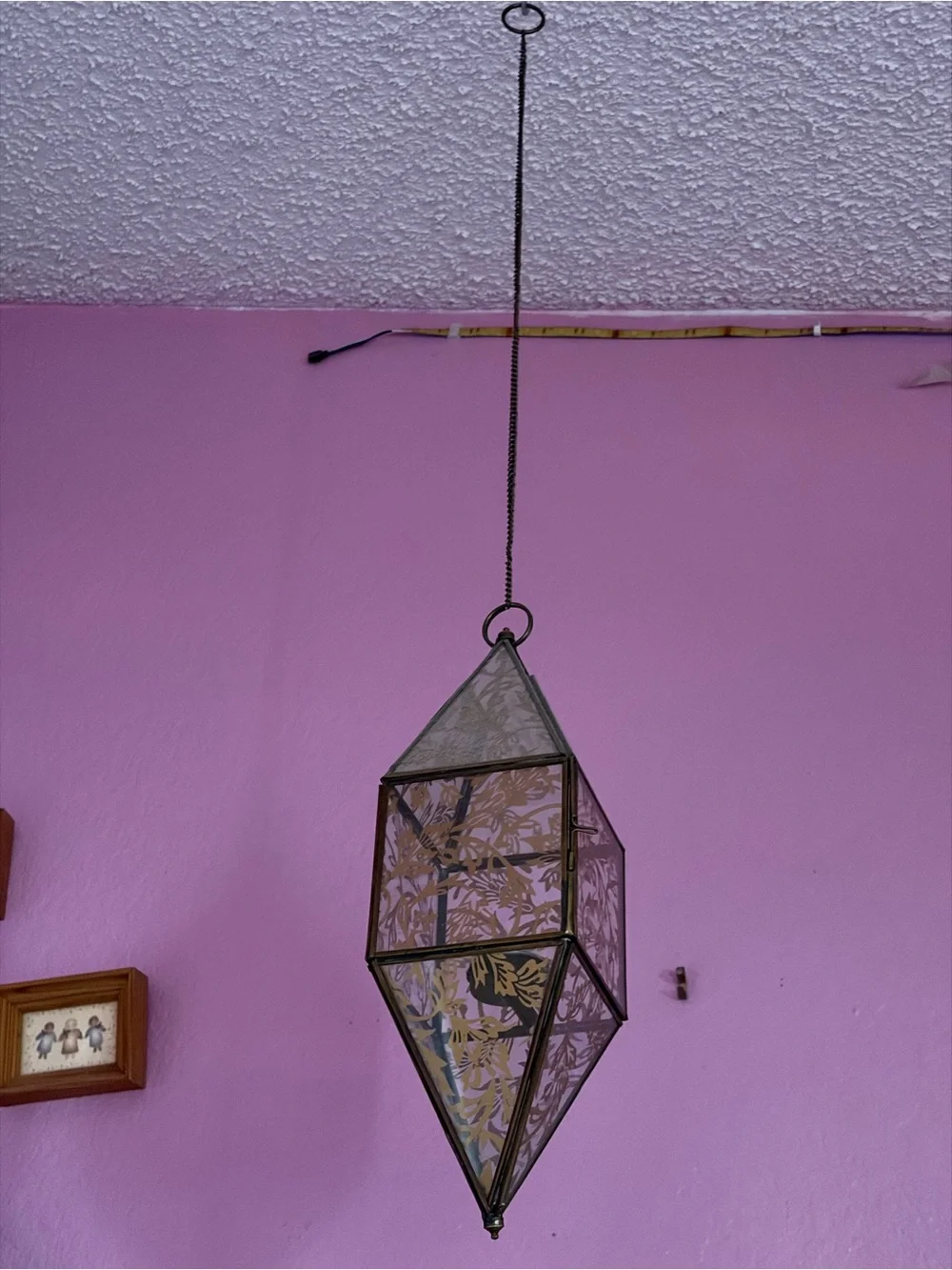 Decorative Hanging Glass Pendant Lantern in Brass-Tone with Floral Etch